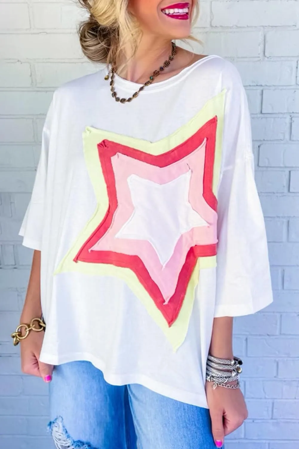 Chvity Women Colorblock Star Patched Half Sleeve Oversized Tee Top Crewneck Fashion Summer Blouses Shirts