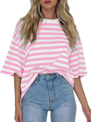 Cioatin Women Oversized Striped Colorblock Tee Shirt Tops Crew Neck Short Sleeve Y2K Aesthetic Tshirt Casual Preppy