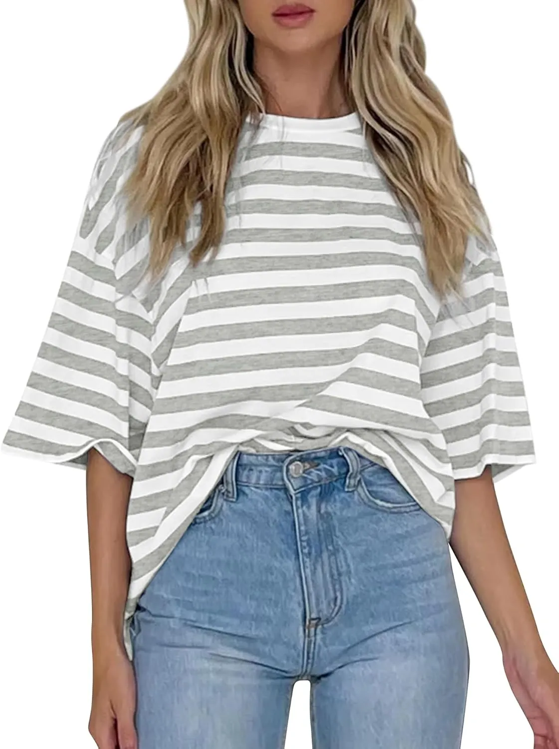 Cioatin Women Oversized Striped Colorblock Tee Shirt Tops Crew Neck Short Sleeve Y2K Aesthetic Tshirt Casual Preppy