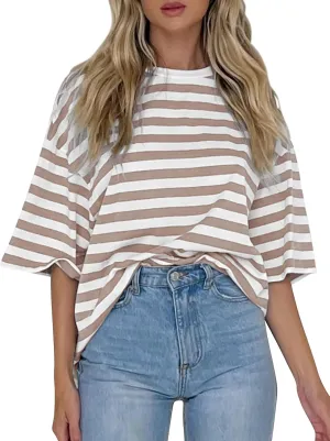 Cioatin Women Oversized Striped Colorblock Tee Shirt Tops Crew Neck Short Sleeve Y2K Aesthetic Tshirt Casual Preppy