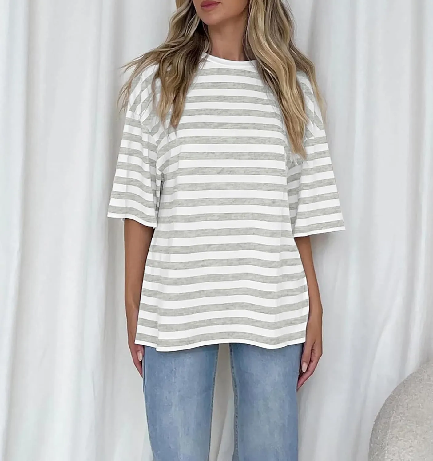 Cioatin Women Oversized Striped Colorblock Tee Shirt Tops Crew Neck Short Sleeve Y2K Aesthetic Tshirt Casual Preppy