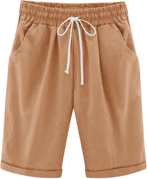 Cotton Linen Shorts for Women 2025 Summer Lounge Plus Size Long Shorts Elastic Waist Drawstring Capris with Pocket