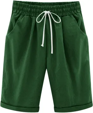 Cotton Linen Shorts for Women 2025 Summer Lounge Plus Size Long Shorts Elastic Waist Drawstring Capris with Pocket