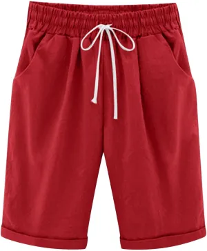 Cotton Linen Shorts for Women 2025 Summer Lounge Plus Size Long Shorts Elastic Waist Drawstring Capris with Pocket