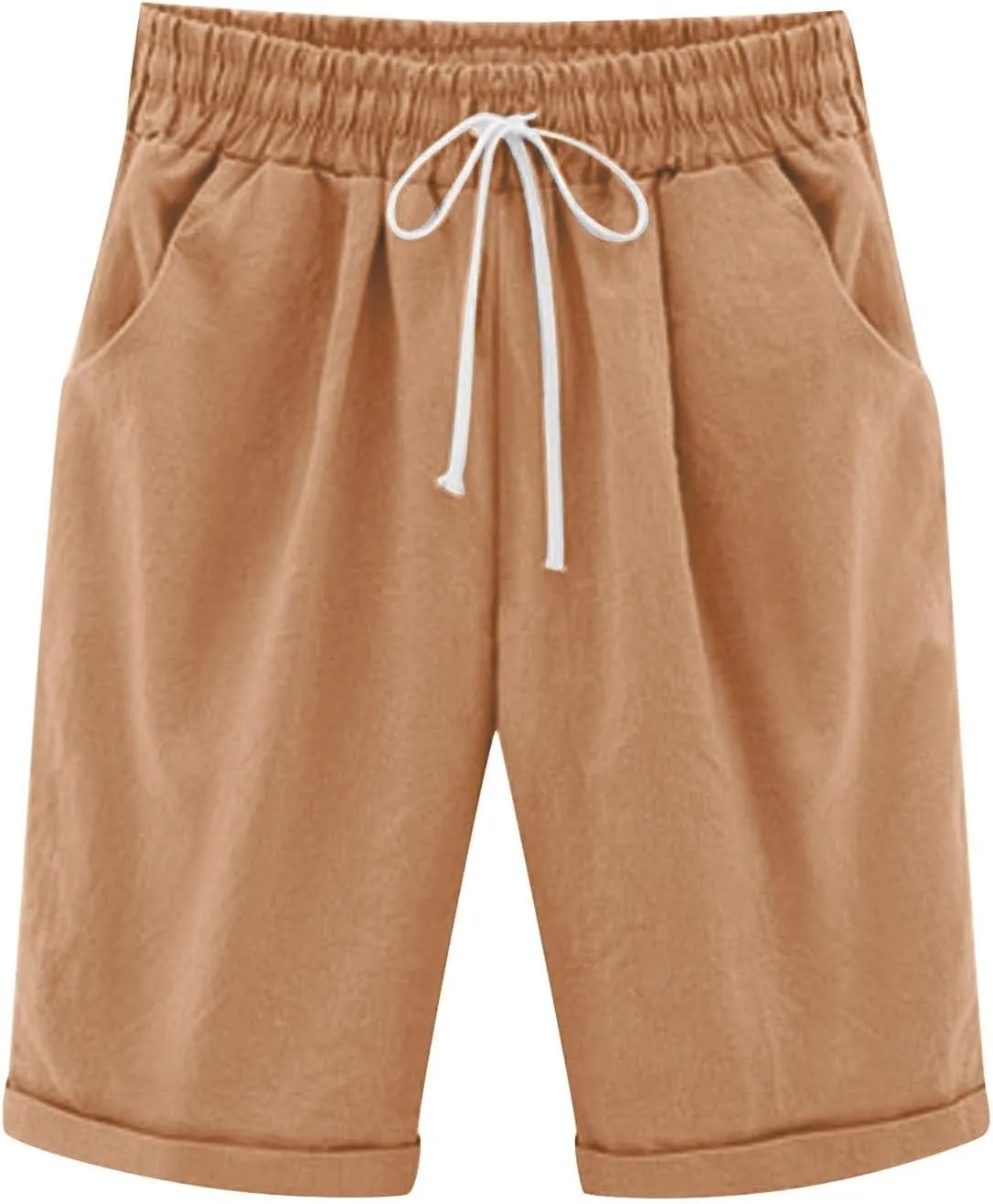 Cotton Linen Shorts for Women 2025 Summer Lounge Plus Size Long Shorts Elastic Waist Drawstring Capris with Pocket