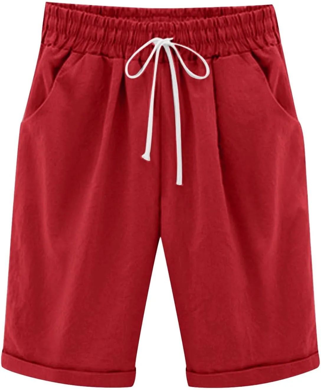 Cotton Linen Shorts for Women 2025 Summer Lounge Plus Size Long Shorts Elastic Waist Drawstring Capris with Pocket