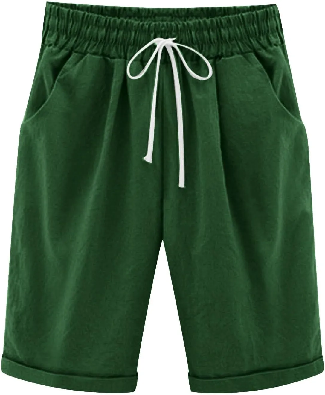 Cotton Linen Shorts for Women 2025 Summer Lounge Plus Size Long Shorts Elastic Waist Drawstring Capris with Pocket