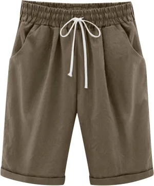 Cotton Linen Shorts for Women 2025 Summer Lounge Plus Size Long Shorts Elastic Waist Drawstring Capris with Pocket