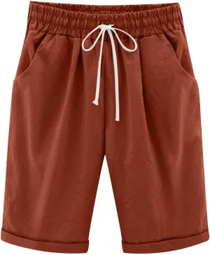 Cotton Linen Shorts for Women 2025 Summer Lounge Plus Size Long Shorts Elastic Waist Drawstring Capris with Pocket