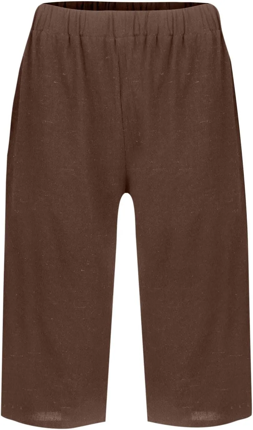 Cotton Linen Shorts for Women Knee Length High Waisted Beach Bermuda Shorts Casual Gauze Capri Pants with Pockets