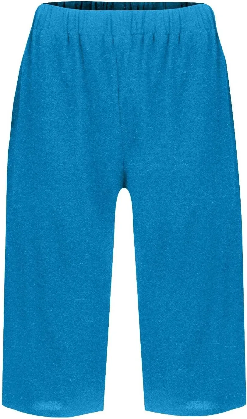 Cotton Linen Shorts for Women Knee Length High Waisted Beach Bermuda Shorts Casual Gauze Capri Pants with Pockets