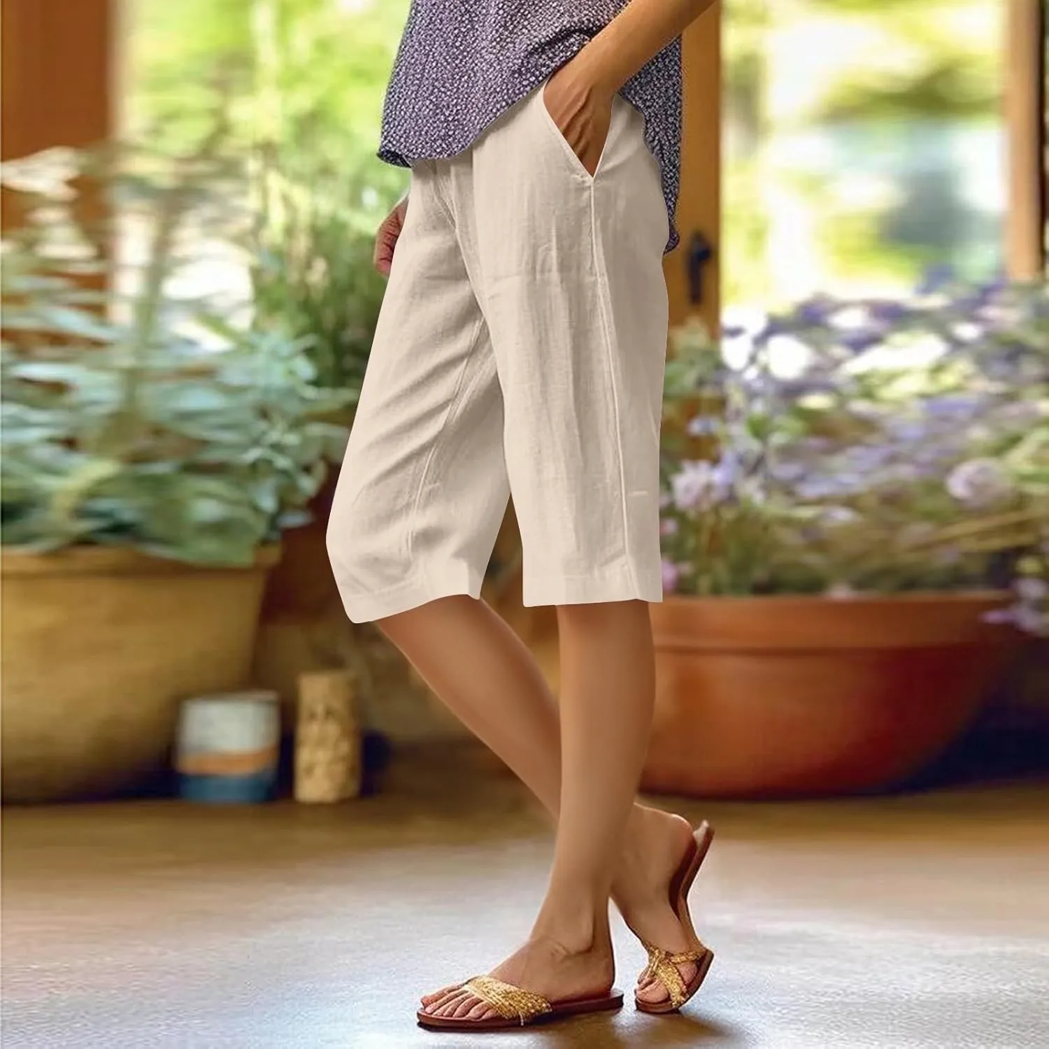 Cotton Linen Shorts for Women Knee Length High Waisted Beach Bermuda Shorts Casual Gauze Capri Pants with Pockets