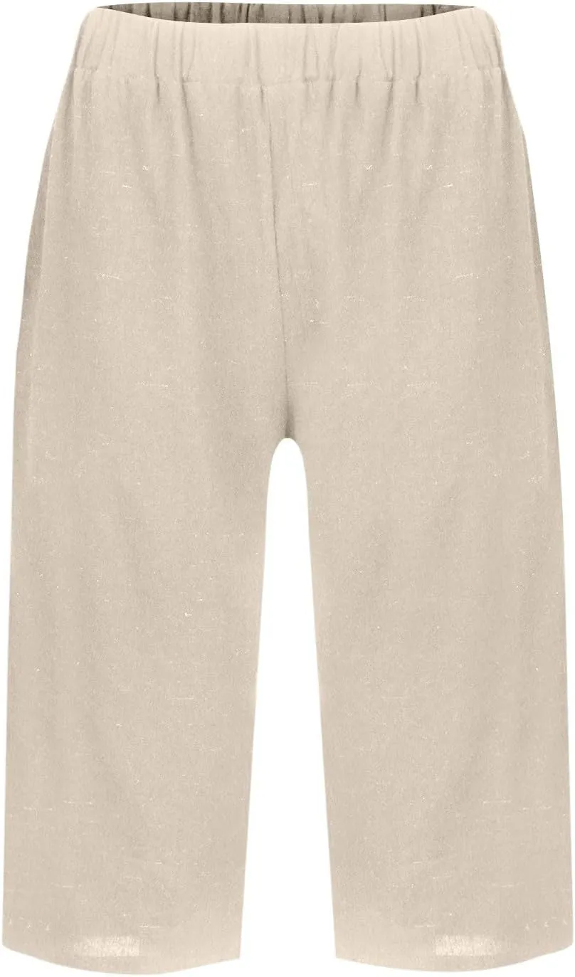 Cotton Linen Shorts for Women Knee Length High Waisted Beach Bermuda Shorts Casual Gauze Capri Pants with Pockets