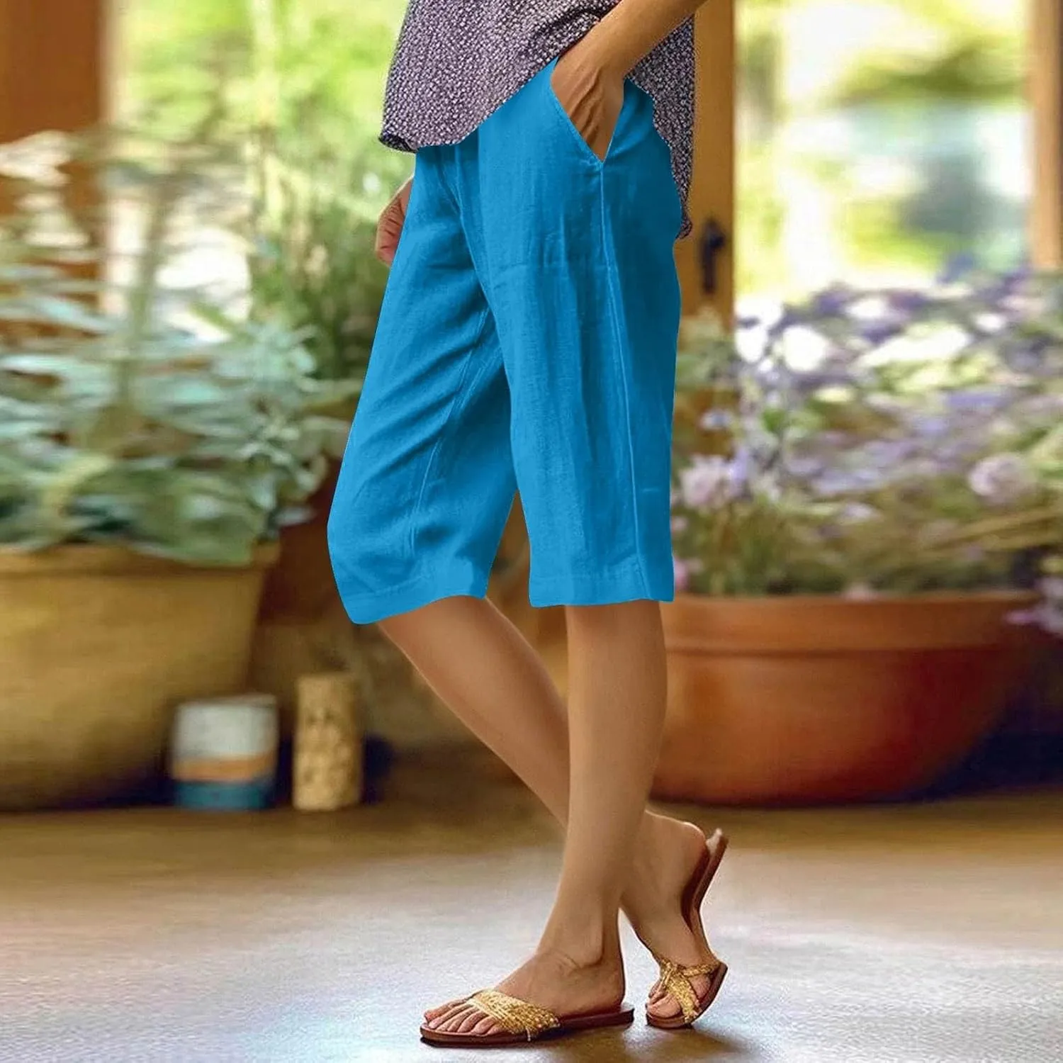 Cotton Linen Shorts for Women Knee Length High Waisted Beach Bermuda Shorts Casual Gauze Capri Pants with Pockets