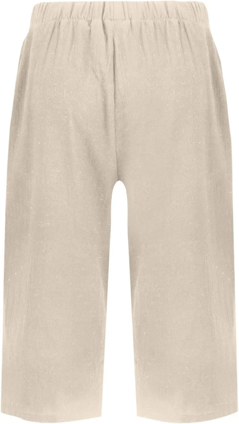 Cotton Linen Shorts for Women Knee Length High Waisted Beach Bermuda Shorts Casual Gauze Capri Pants with Pockets