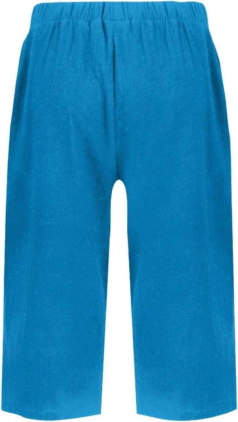 Cotton Linen Shorts for Women Knee Length High Waisted Beach Bermuda Shorts Casual Gauze Capri Pants with Pockets