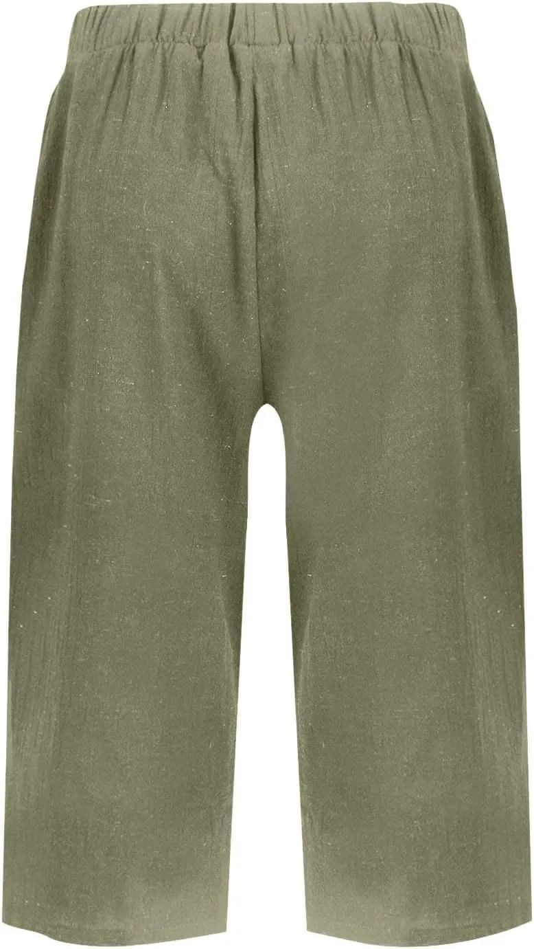 Cotton Linen Shorts for Women Knee Length High Waisted Beach Bermuda Shorts Casual Gauze Capri Pants with Pockets