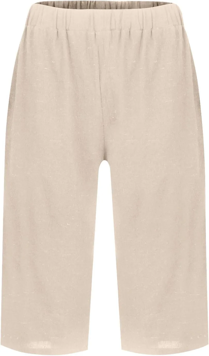 Cotton Linen Shorts for Women Knee Length High Waisted Beach Bermuda Shorts Casual Gauze Capri Pants with Pockets