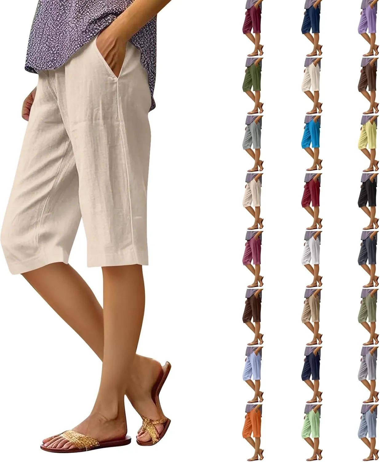 Cotton Linen Shorts for Women Knee Length High Waisted Beach Bermuda Shorts Casual Gauze Capri Pants with Pockets