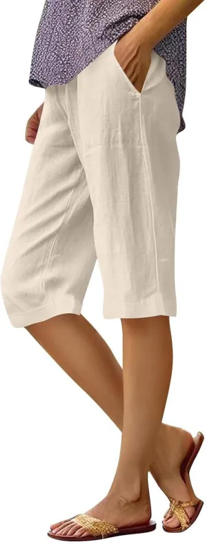 Cotton Linen Shorts for Women Knee Length High Waisted Beach Bermuda Shorts Casual Gauze Capri Pants with Pockets