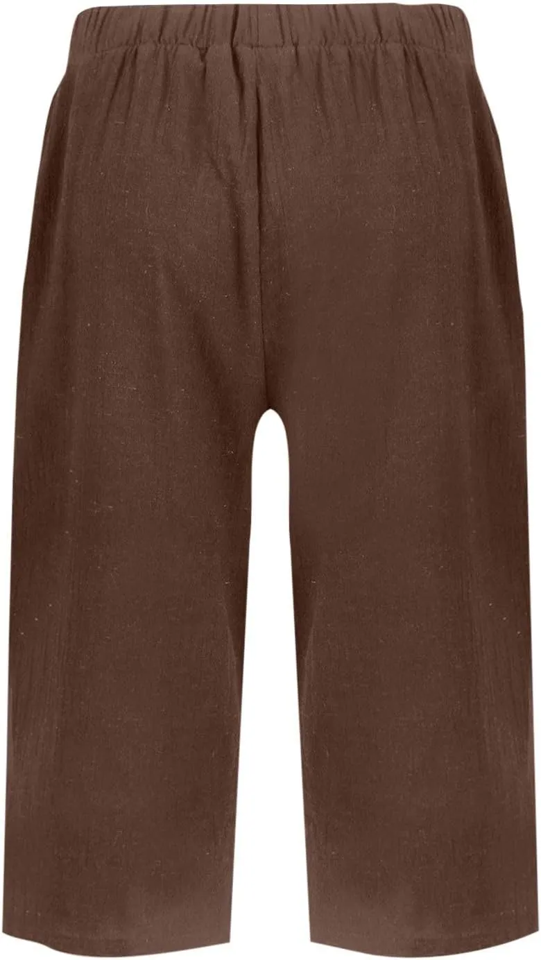 Cotton Linen Shorts for Women Knee Length High Waisted Beach Bermuda Shorts Casual Gauze Capri Pants with Pockets
