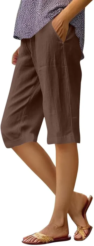 Cotton Linen Shorts for Women Knee Length High Waisted Beach Bermuda Shorts Casual Gauze Capri Pants with Pockets