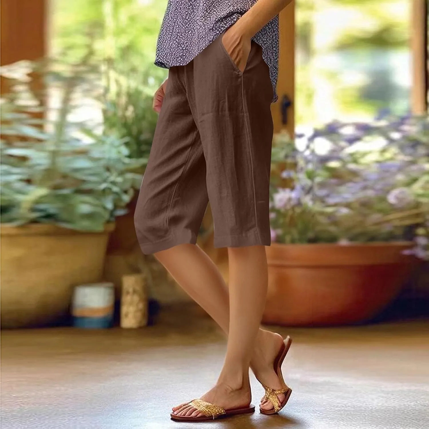 Cotton Linen Shorts for Women Knee Length High Waisted Beach Bermuda Shorts Casual Gauze Capri Pants with Pockets
