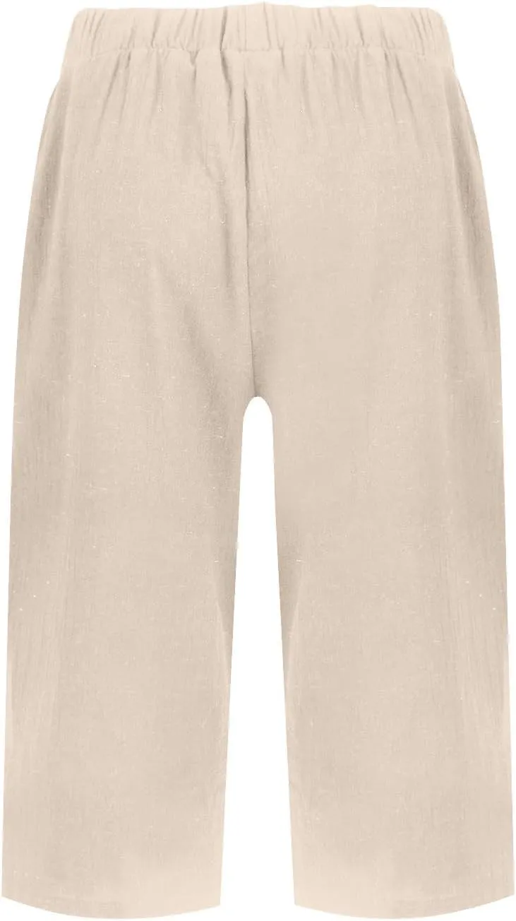 Cotton Linen Shorts for Women Knee Length High Waisted Beach Bermuda Shorts Casual Gauze Capri Pants with Pockets