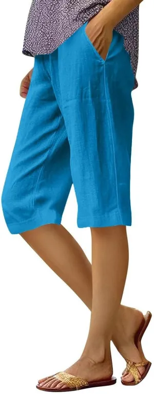Cotton Linen Shorts for Women Knee Length High Waisted Beach Bermuda Shorts Casual Gauze Capri Pants with Pockets