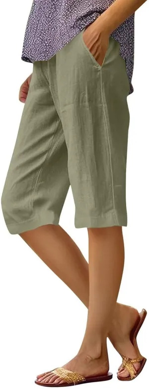 Cotton Linen Shorts for Women Knee Length High Waisted Beach Bermuda Shorts Casual Gauze Capri Pants with Pockets
