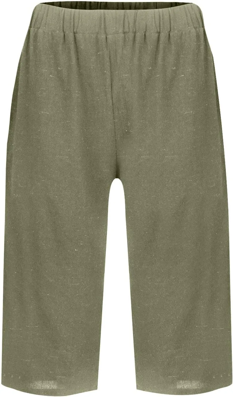 Cotton Linen Shorts for Women Knee Length High Waisted Beach Bermuda Shorts Casual Gauze Capri Pants with Pockets