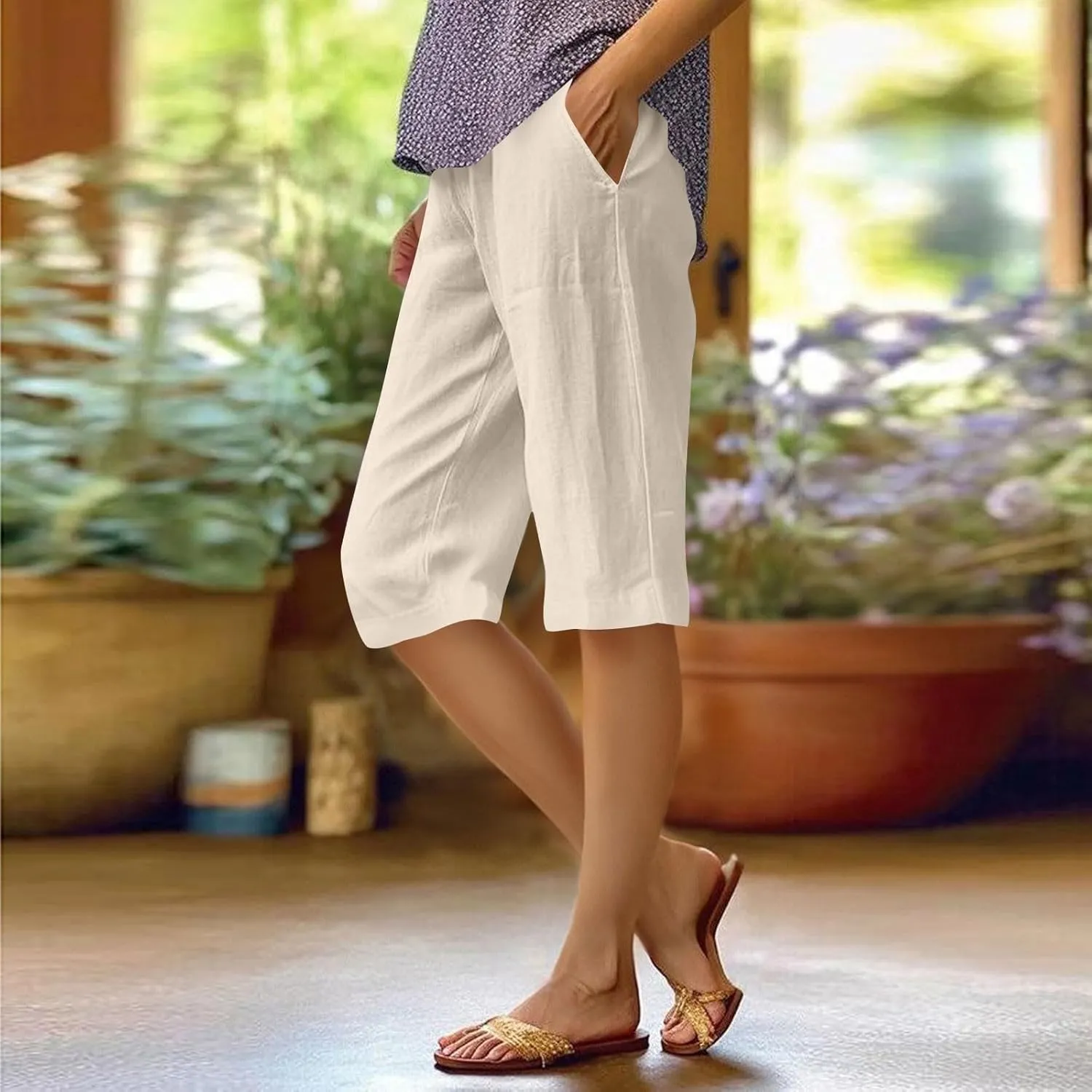 Cotton Linen Shorts for Women Knee Length High Waisted Beach Bermuda Shorts Casual Gauze Capri Pants with Pockets