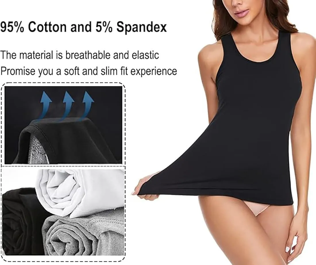 Cotton Tank Top for Women with Built in Bra Women’s Racerback Cami Winter Christmas Basic Undershirt Black Gray