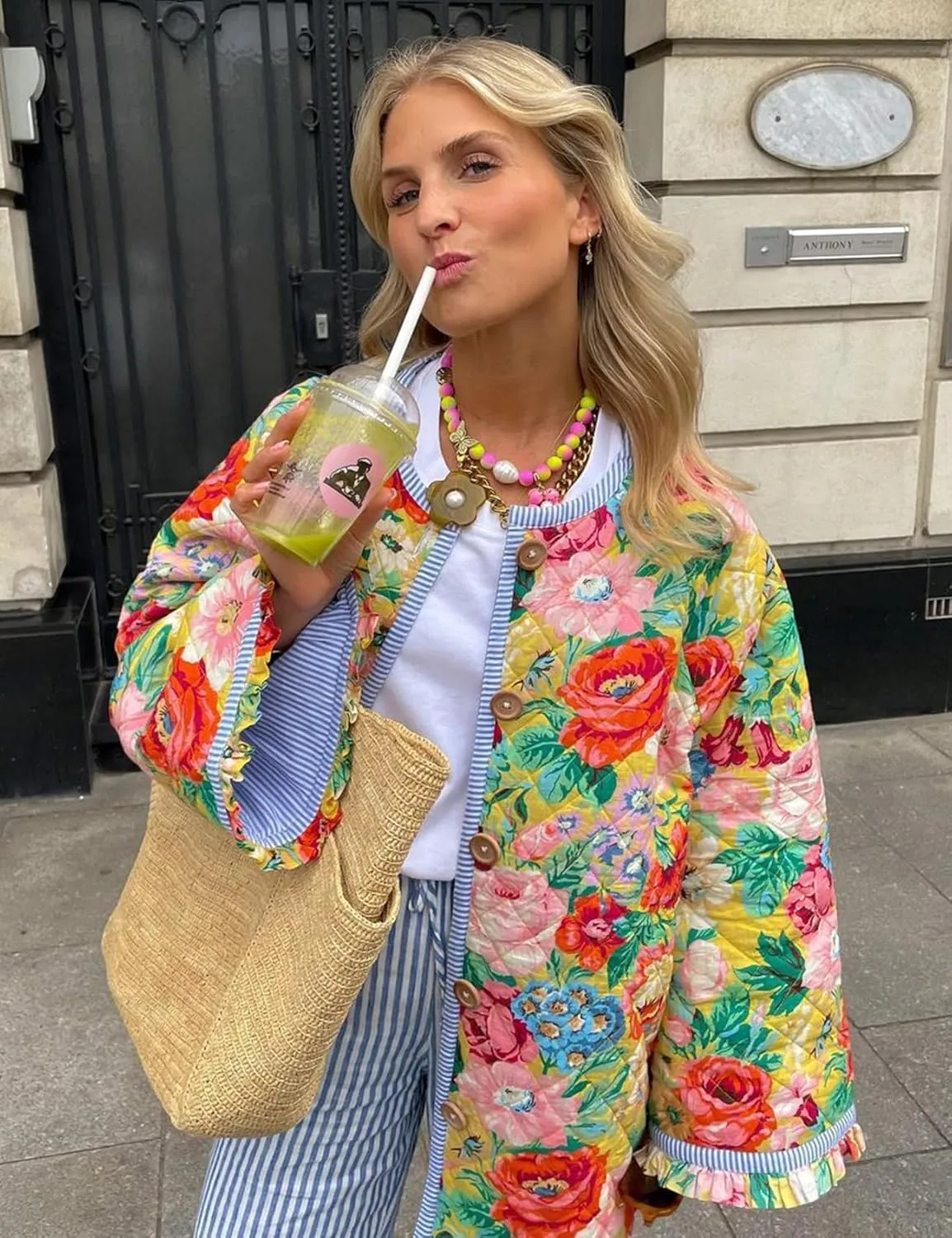 COZYPOIN Women Floral Printed Quilted Jacket Colorblock Lightweight Padded Jacket Puffer Coat Outwear