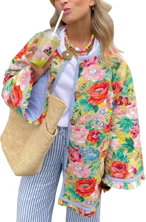 COZYPOIN Women Floral Printed Quilted Jacket Colorblock Lightweight Padded Jacket Puffer Coat Outwear