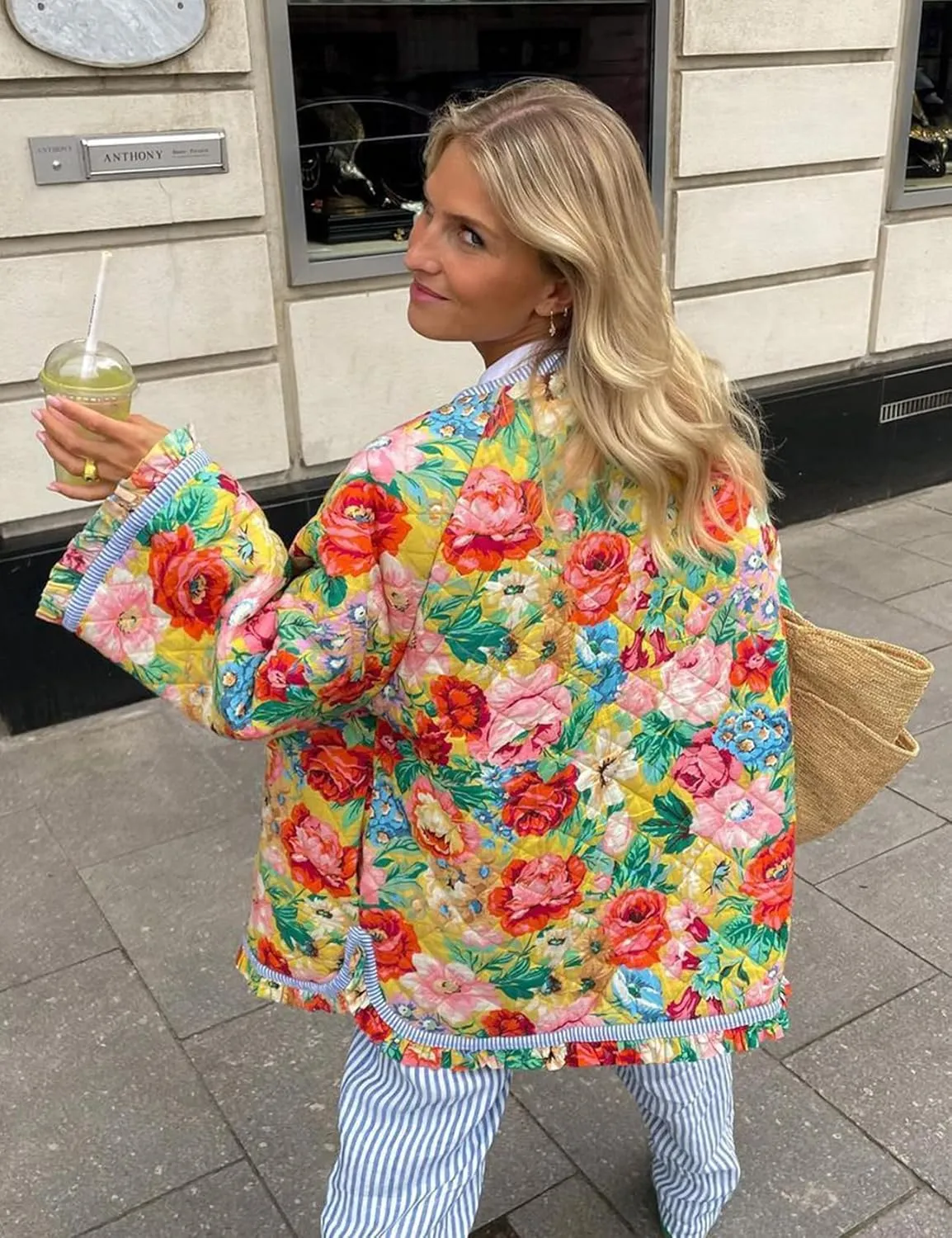 COZYPOIN Women Floral Printed Quilted Jacket Colorblock Lightweight Padded Jacket Puffer Coat Outwear