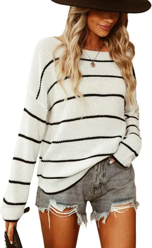CUPSHE Women's Striped Sweaters Long Sleeve Boat Neck Colorblock Knitted Pullover Sweater Tops