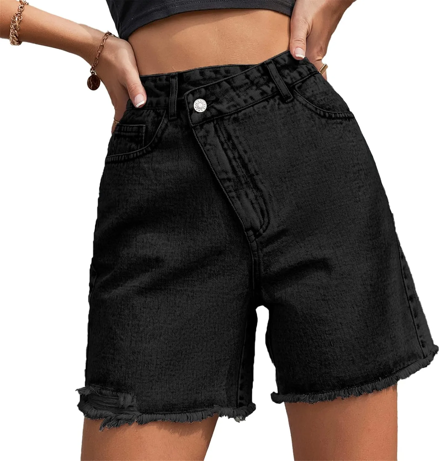 CYLADY Women's High Waisted Criss Crossover Denim Shorts Summer Straight Leg Jean Shorts with Pocket