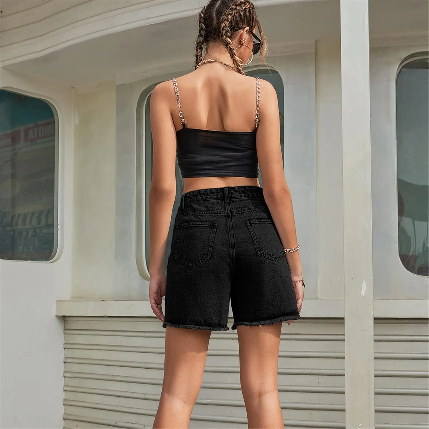 CYLADY Women's High Waisted Criss Crossover Denim Shorts Summer Straight Leg Jean Shorts with Pocket