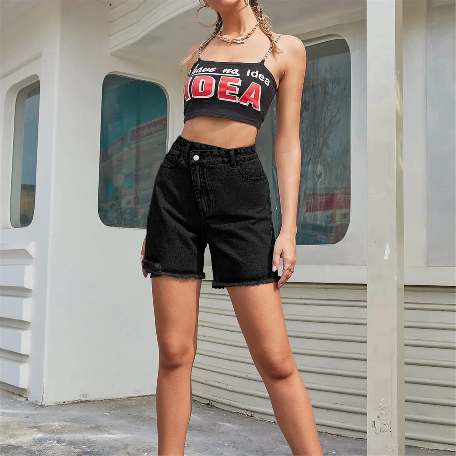 CYLADY Women's High Waisted Criss Crossover Denim Shorts Summer Straight Leg Jean Shorts with Pocket