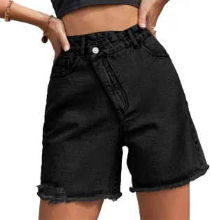 CYLADY Women's High Waisted Criss Crossover Denim Shorts Summer Straight Leg Jean Shorts with Pocket