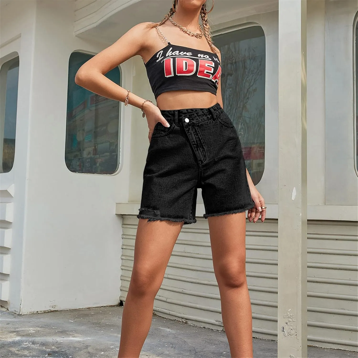 CYLADY Women's High Waisted Criss Crossover Denim Shorts Summer Straight Leg Jean Shorts with Pocket