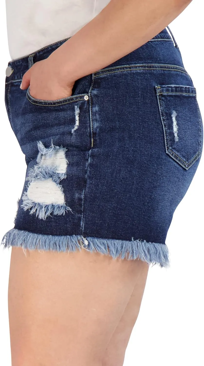 Denim Shorts for Women, Frayed Hem High Waist Casual Shorts, High-Waisted Plus Size Shorts