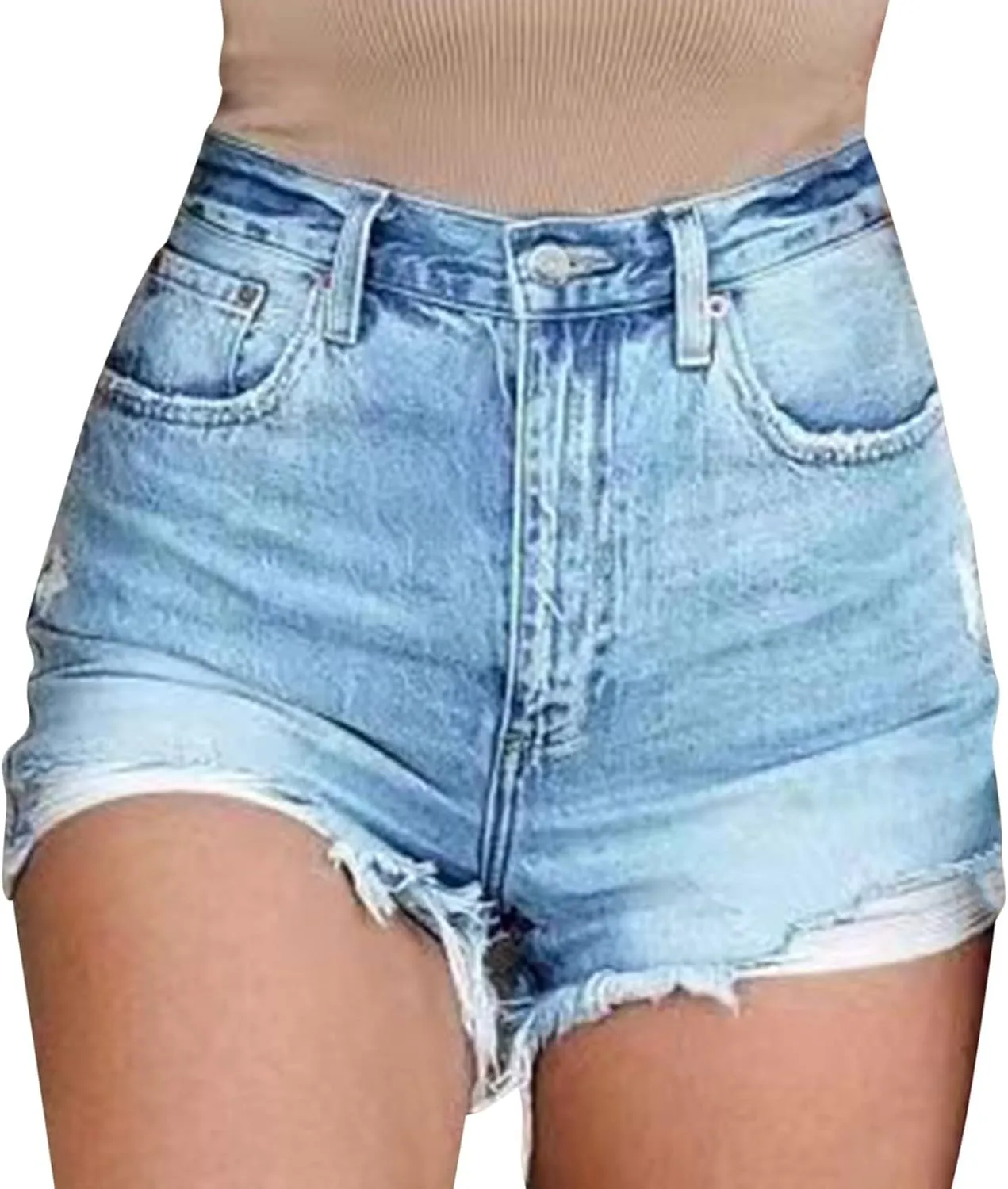 Denim Shorts Women High Waisted Frayed Hem Tessles Stretchy Jean Shorts with Pockets