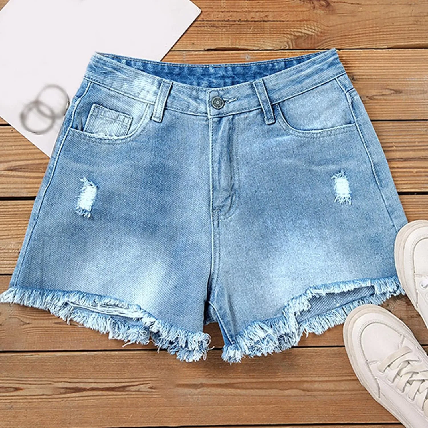 Denim Shorts Women High Waisted Frayed Hem Tessles Stretchy Jean Shorts with Pockets