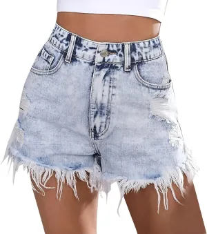 Denim Shorts Women Sexy Fashionable Low Rise Stretchy Vintage Shorts Jeans Plain Color Frayed Hem Hot Shorts