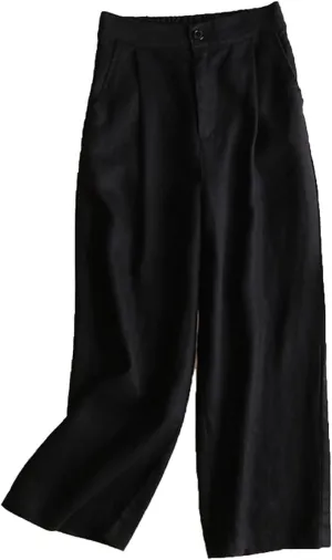 DGHM-JLMY Women's Cotton and Linen Thin Wide Leg Pants Casual Professional Loose Ninth Pants Button Up Straight Leg Trousers