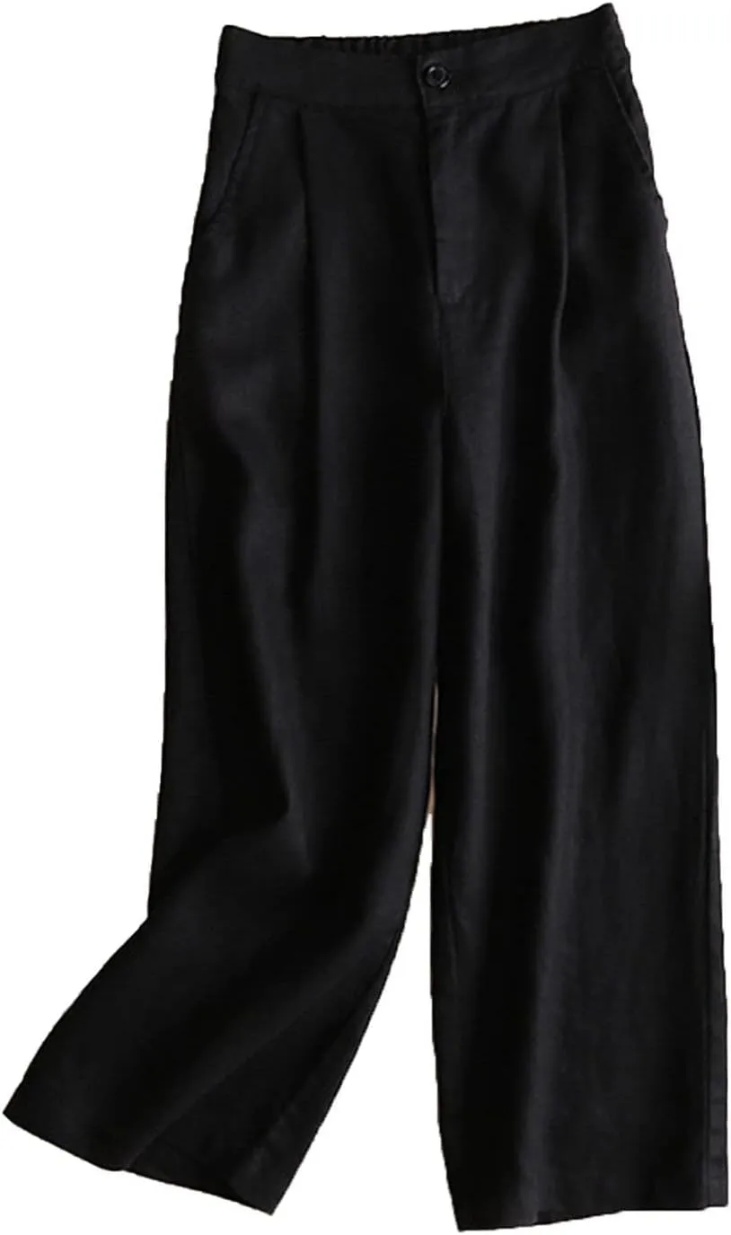 DGHM-JLMY Women's Cotton and Linen Thin Wide Leg Pants Casual Professional Loose Ninth Pants Button Up Straight Leg Trousers