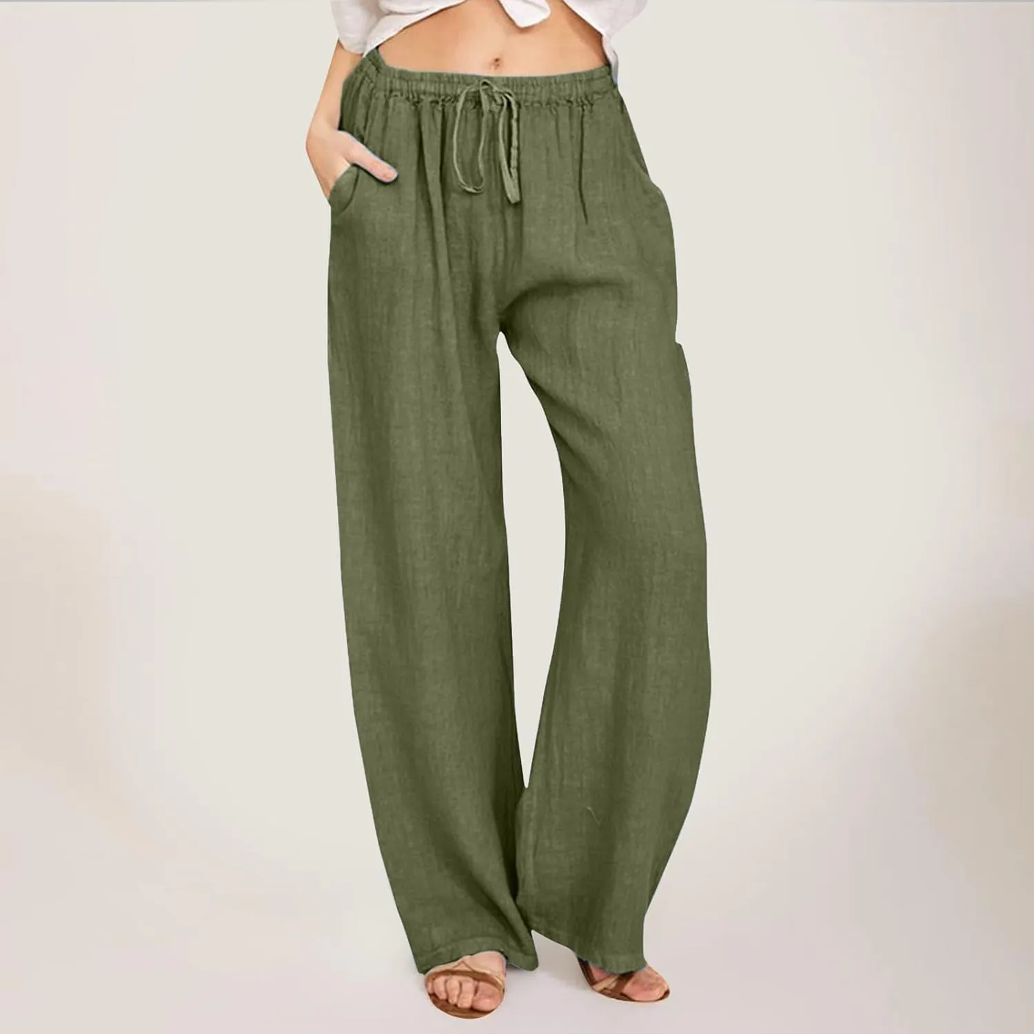 Drawstring Linen Pants Women Summer Leggings for Women Long Leggings Casual Loose Trousers with Pockets Comfy