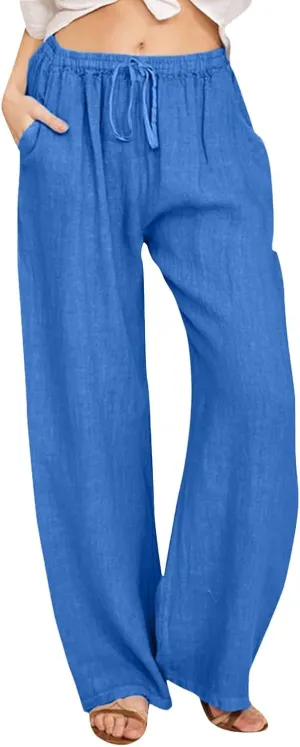Drawstring Linen Pants Women Summer Leggings for Women Long Leggings Casual Loose Trousers with Pockets Comfy